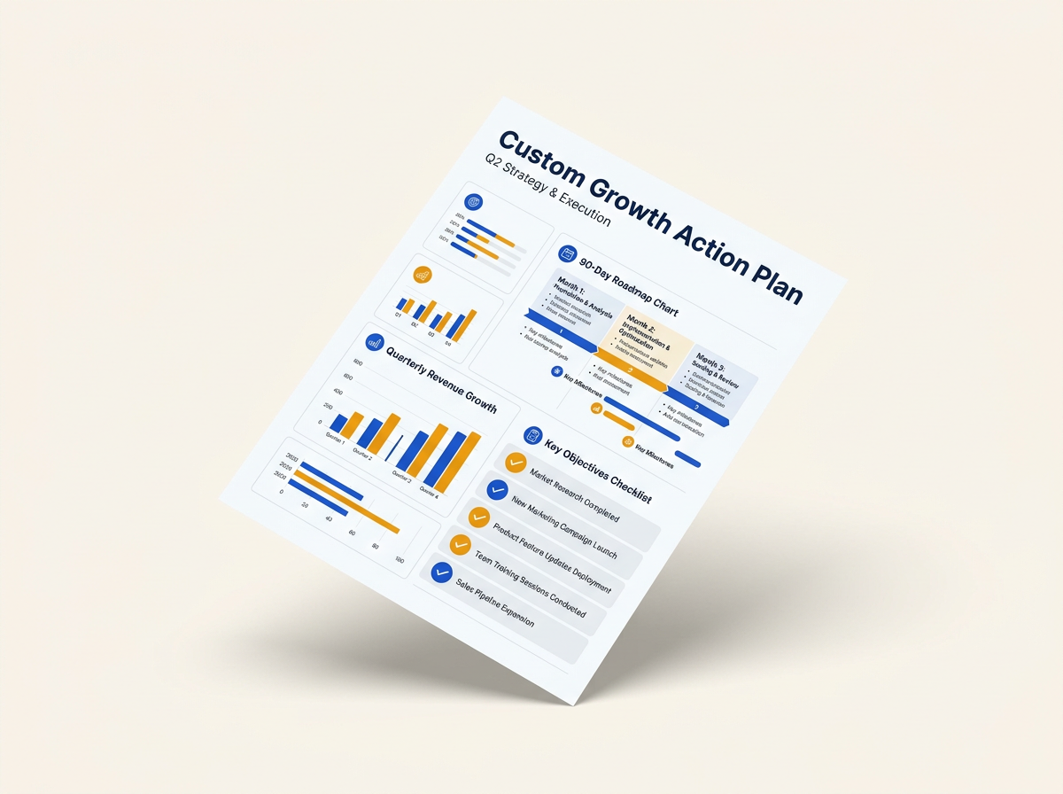 Custom Growth Action Plan document mockup with 90-day roadmap chart